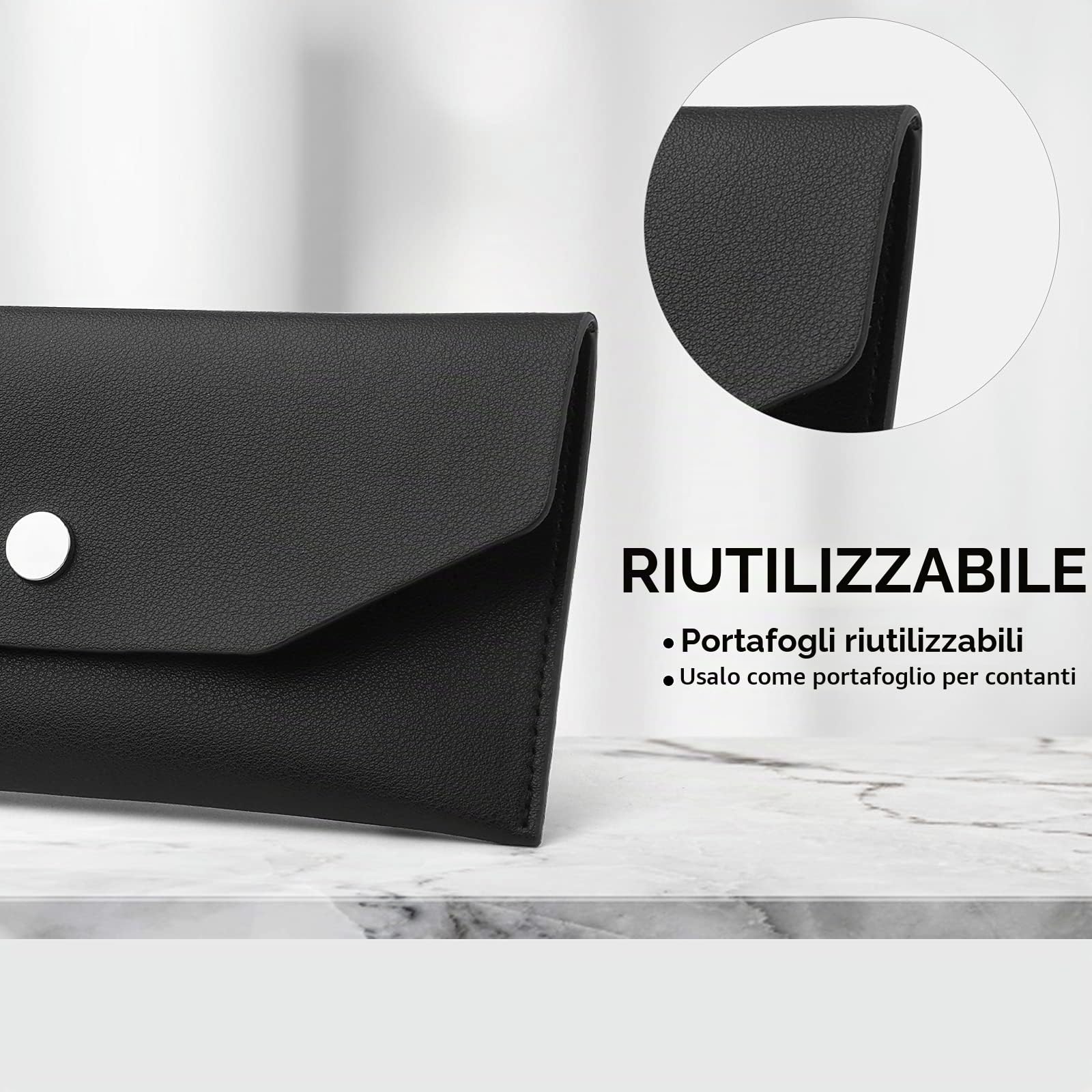 Molain Portafoglio in pelle PU con busta per contanti 7,2 x 3,6 pollici Nero