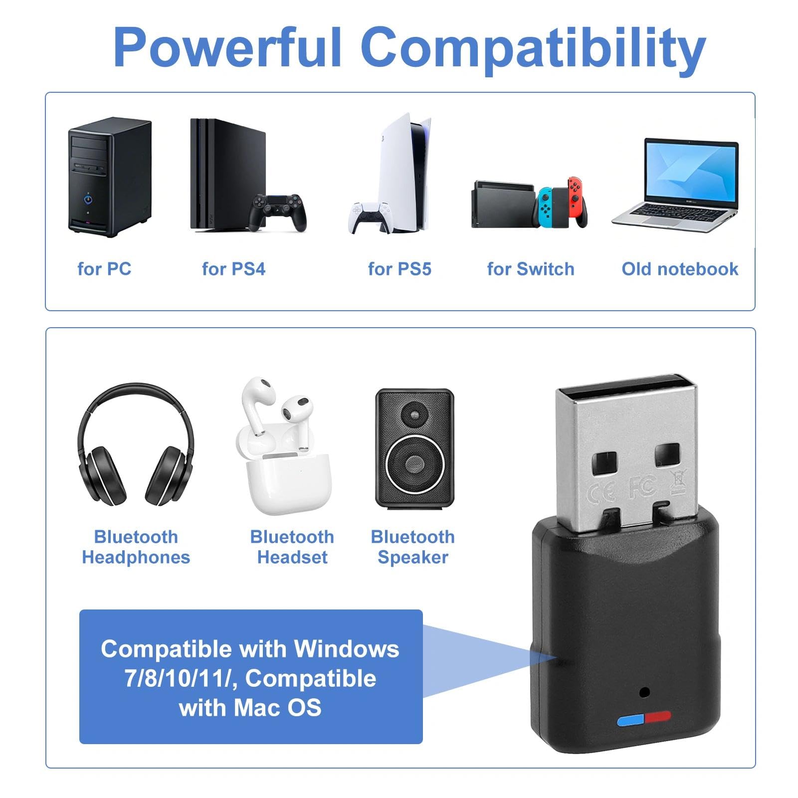 USB Bluetooth 5.3 Adaptador para PS4/PS5/PC/Switch, Adaptador USB Bluetooth, Receptor Bluetooth USB, 3 Mbit/S Baja Latencia, Plug and Play para Macos/Windows/Altavoces/Auriculares