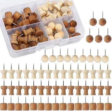60 Pcs Wood Push Pins Thumb Tacks Walnut Push Pins Cylindrical Push Round Head Push Pin for Photos, Tags, Cork Board, Bulletin Board Decorations, Office and Home