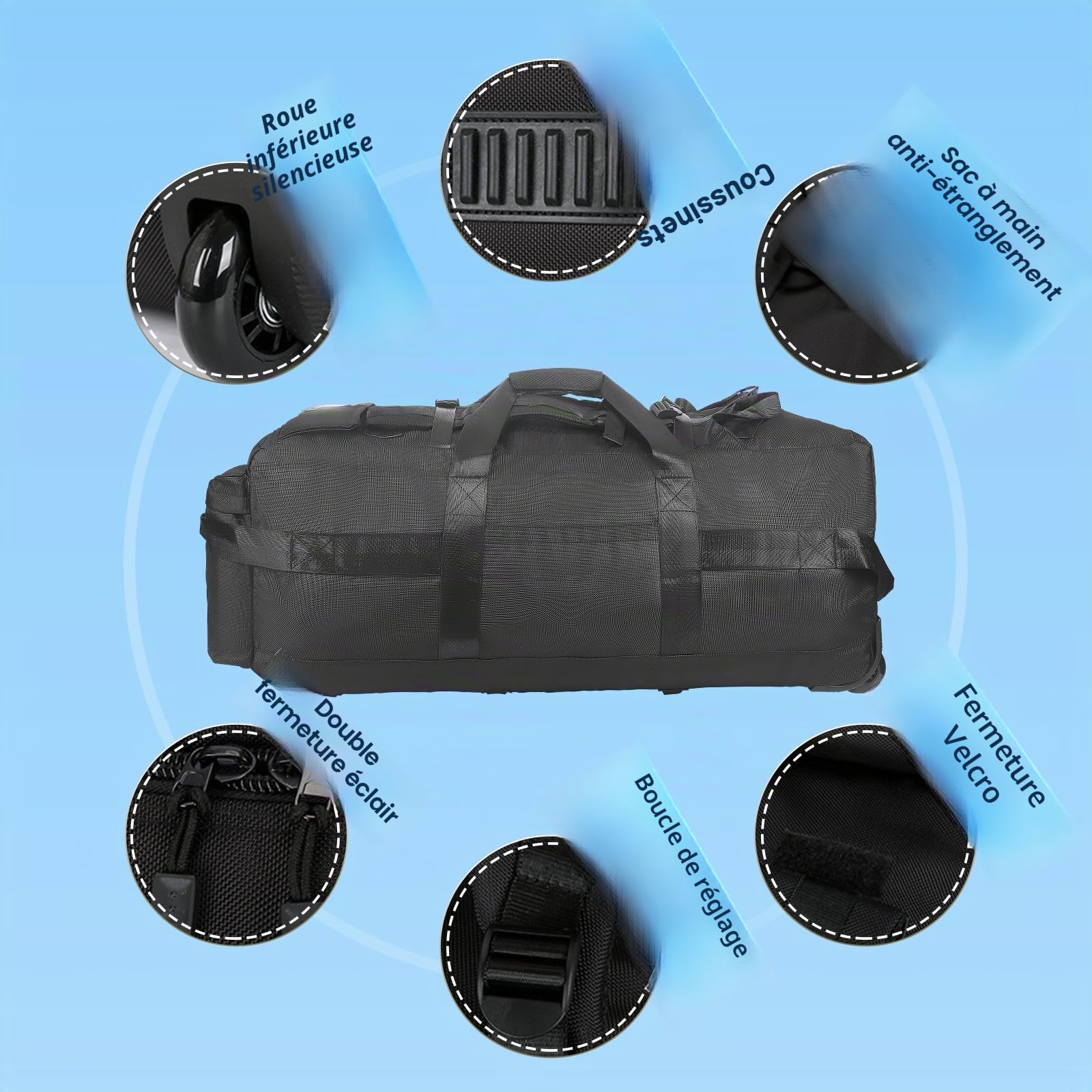 Sac de voyage pliable avec roulettes - Grand format - 80 l - 3 en 1 - 80 x 30 x 33 cm - Sac Oxford imperméable avec 2 roulettes - Noir