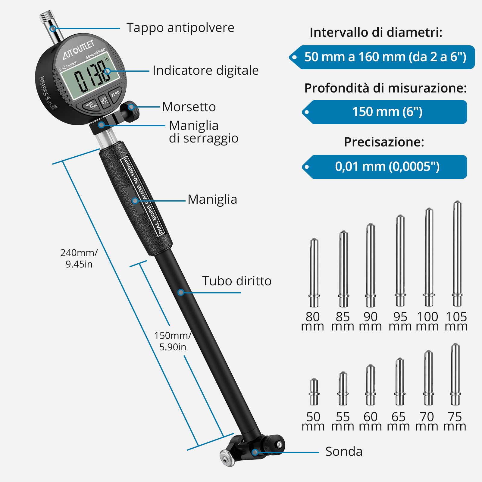AUTOUTLET Comparatore Elettronico 50-160 mm,Comparatore Digitale 0,01 mm Misurazione a Due Punti Include 12 Testine Intercambiabili per Ingegneria Meccanica Manutenzione Auto,Kit Alesametro Digitale