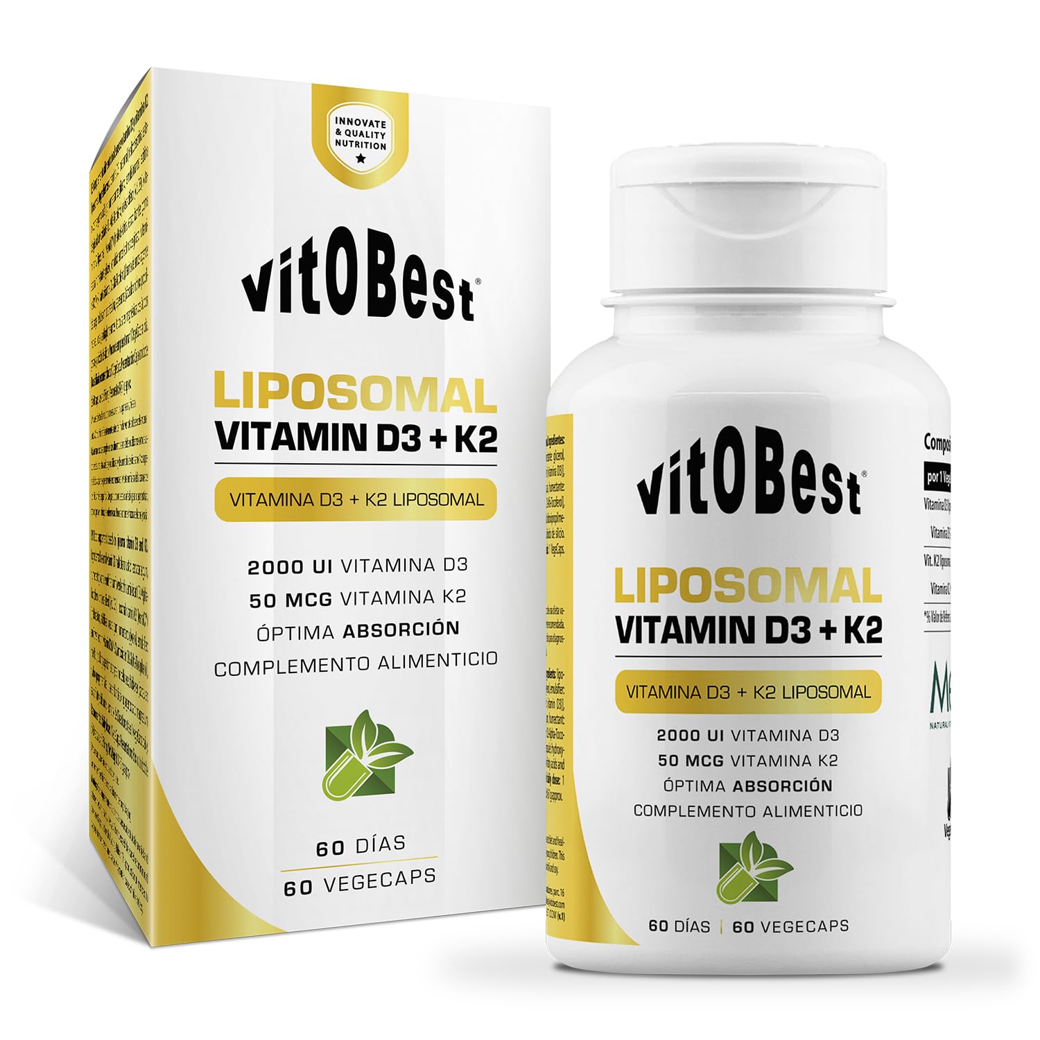 VITOBEST | Liposomal Vitamin D3+K2 | Contribuye a la absorción normal del calcio y al mantenimiento de los huesos | Vitamina D3 + K2 (MK-7) con tecnología liposomal | 60 VegeCaps
