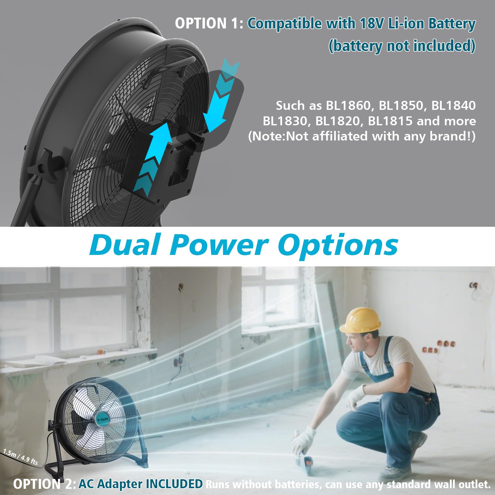 40CM Ventilador de Suelo Industrial compatible con Batería Ma-kita/ Adaptador de CA Ventilador de pie Portatil Aspas de Aluminio Regulación Continua de la Velocidad Inclinación Ajustable(Sin Batería)