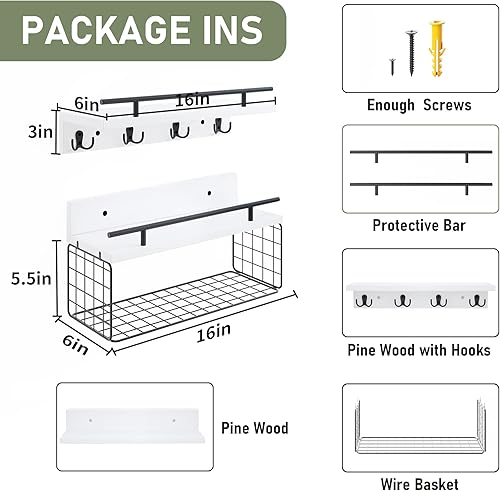 Miniatura 2 de Amada - Estantes de pared negros con ganchos, estantes flotantes de madera natural de 3 niveles montados en la pared, estante de pared de baño sobre