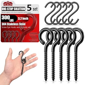 Sprookber 300LBS Heavy Duty 3.2 inch 304 Stainless Steel Screw Eye Hooks with 5 S-Hooks, Screw in Eye Bolts for Wood Hanging, Outdoor String Lights, Plants, Hammock, Set of 5
