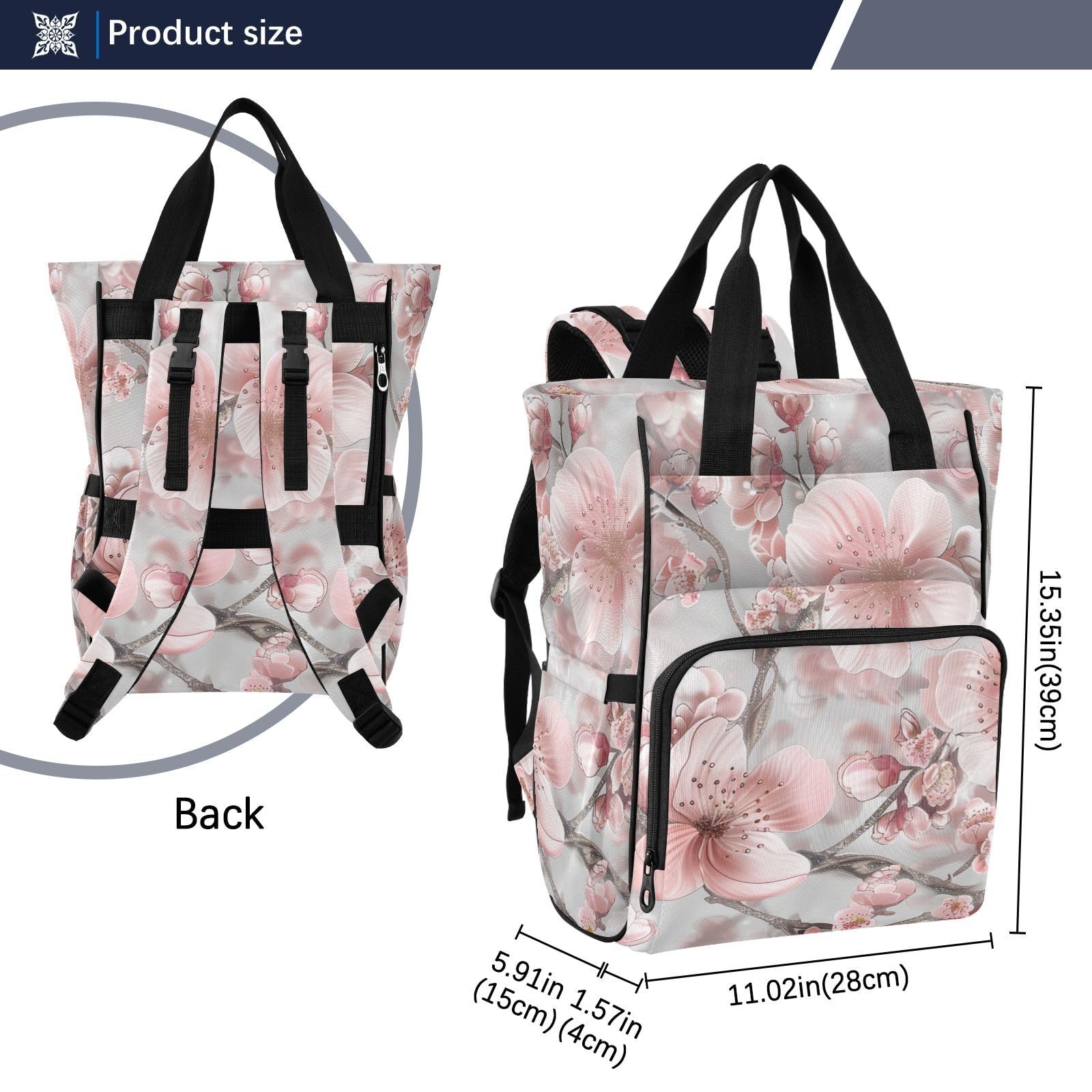 Borsa per pannolini, zaino per mamme e papà, stile bohémien, con fiori e