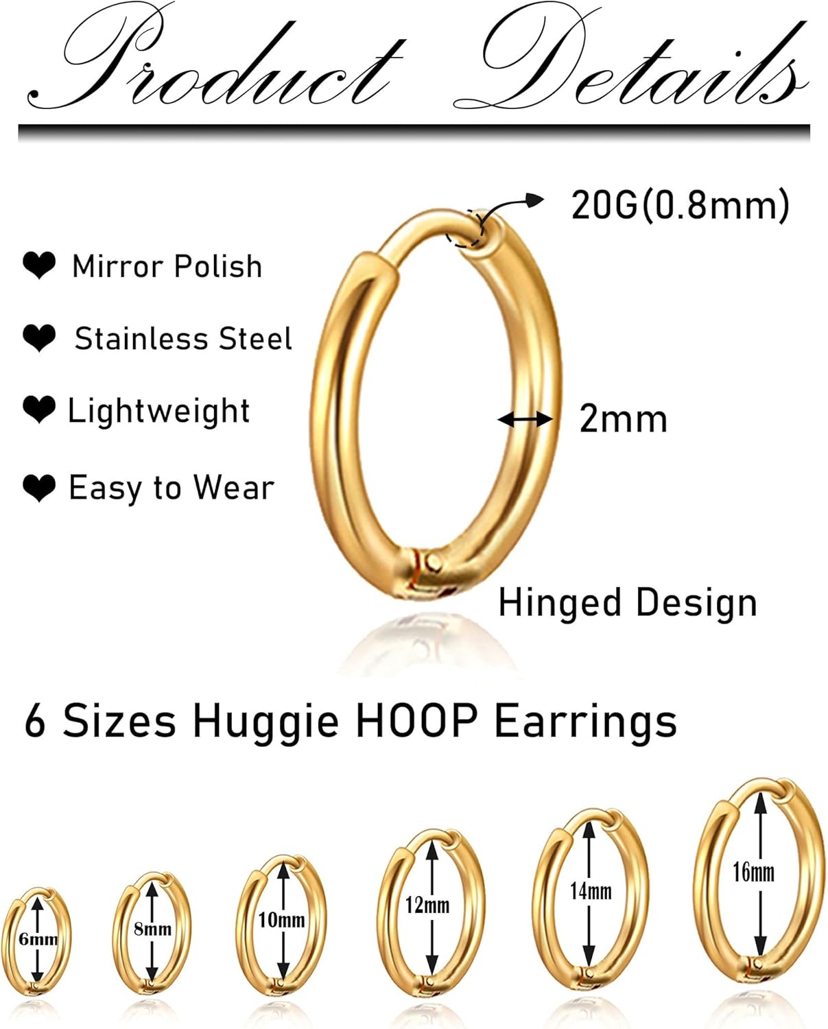 6 Pairs Stainless Steel Huggie Hoop Earrings Cartilage Helix Lobes Hinged Sleeper Tiny Hoops Earrings For Men Women 6/8/10/12/14/16mm Gold Silver Tone - Image 2