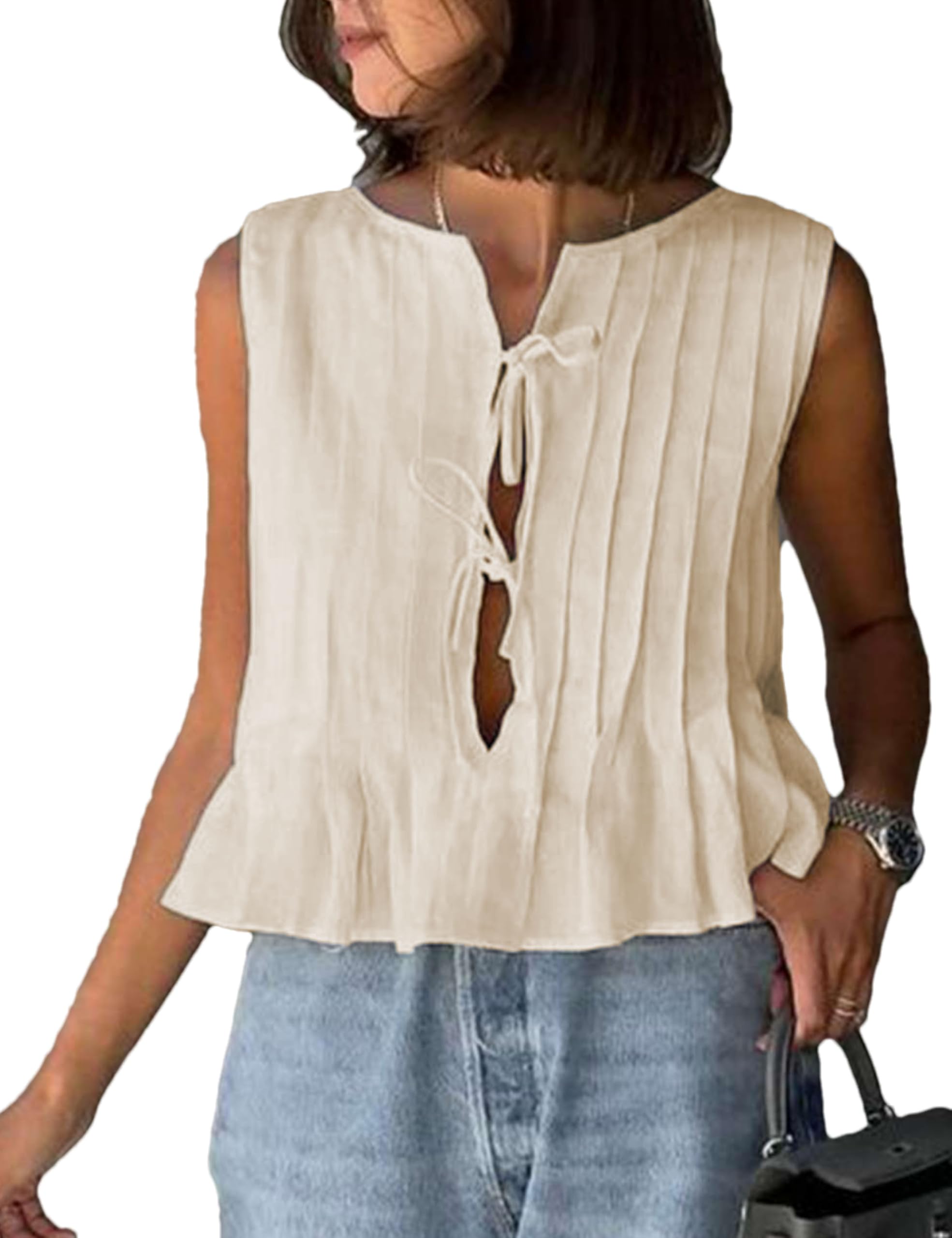 Zontroldy Damen-Shirts aus Leinen, zum Binden, ärmellos, Y2K, Babydoll-Rüschen, Tank-Top, ästhetische Kleidung