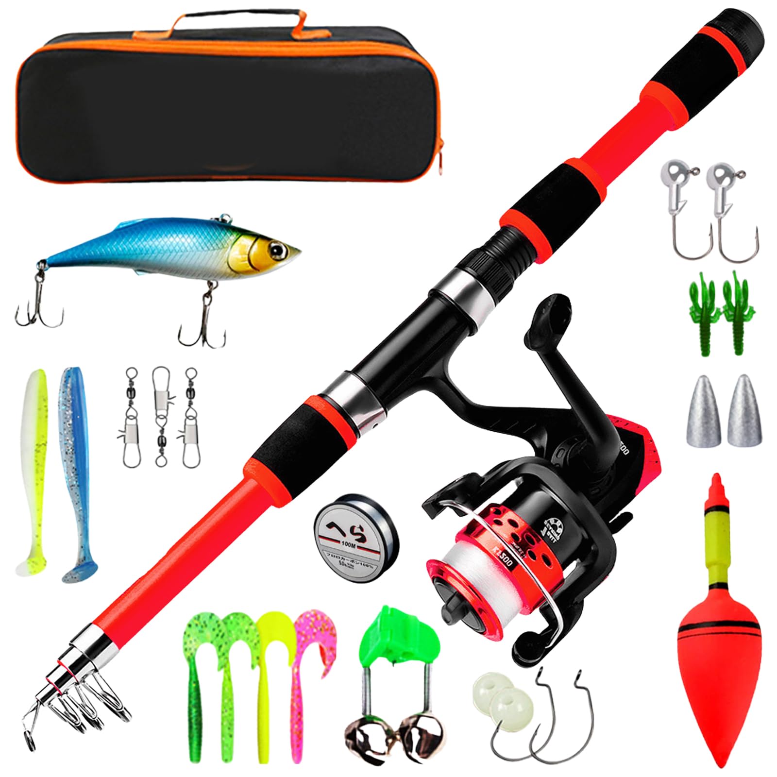 Kit de pêche pour enfants 1,8 m canne télescopique avec moulinet et appât 3-10 ans