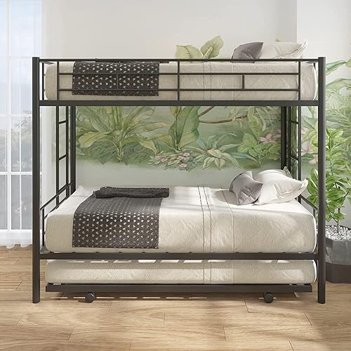 Oudiec Litera individual sobre individual con nido y barandilla para dormitorio, dormitorio de los niños, marco de cama de acero resistente con