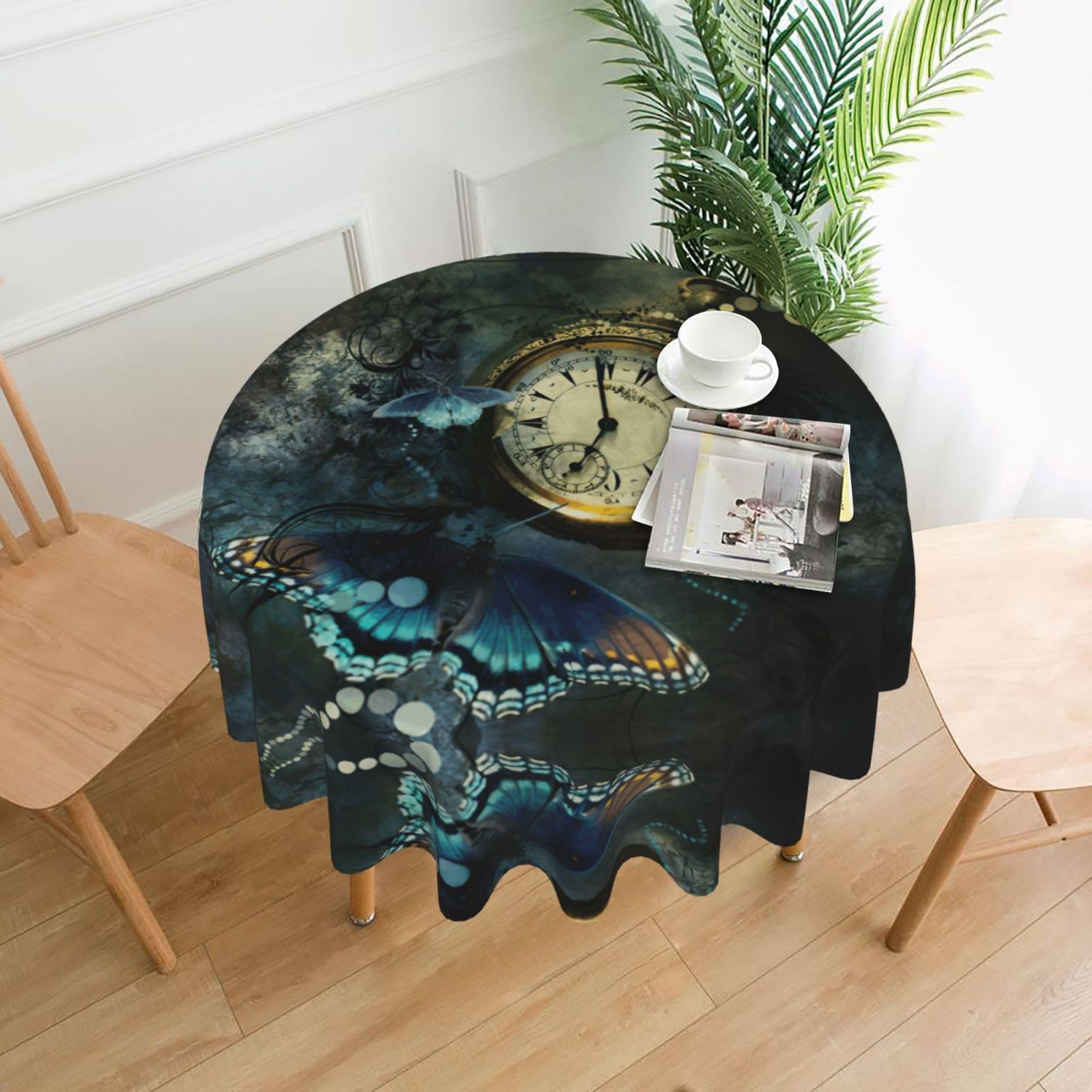 Zcmkjlg Butterfly clocks Print Quick Ship Round Tablecloth 60in Polyester Washable Cover for Dining Room