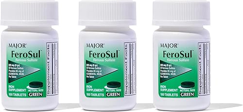 Miniatura 1 de Paquete de 3 FeroSul 325mg (5GR) recubierto de sulfato ferroso fácil de tragar 100 ct. tabletas (verde)