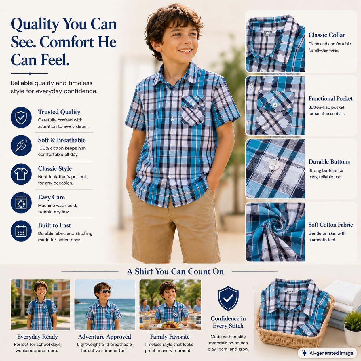 Bienzoe Boys Plaid Cotton Shirt: Button Down Tops