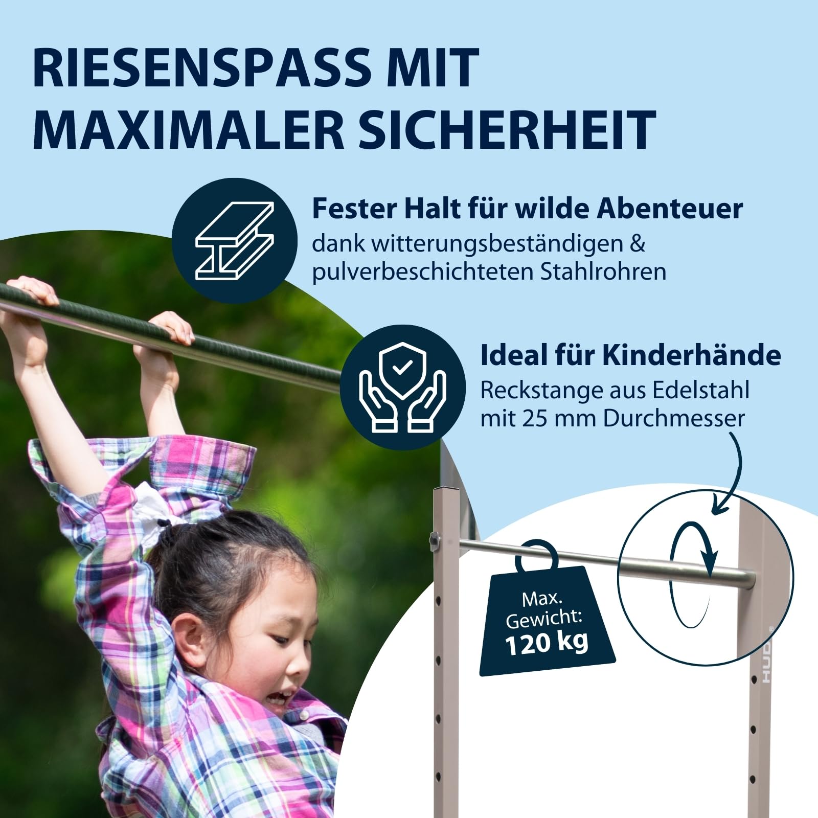 HUDORA Vario Turnreck - 7-fach höhenverstellbare Turnstange für Kinder & Erwachsene - erweiterbares Turnreck mit Reckstange aus Edelstahl - belastbare Outdoor Fitnessstange für bis zu 120kg