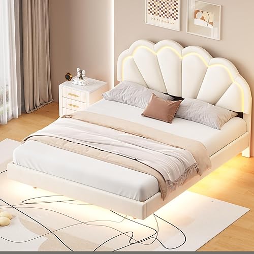 Miniatura 111 de Cama de plataforma flotante tamaño Queen con sensor de luz y cabecero, marco de cama moderno tapizado de terciopelo suave, no necesita somier