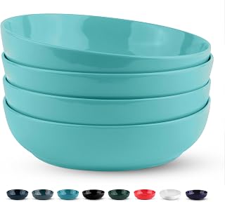 KooK Ceramic Pasta Bowls Set of 4, 40oz Large Capacity Salad Soup Serving Bowls, Microwave Dishwasher Freezer Safe, Light Turquoise