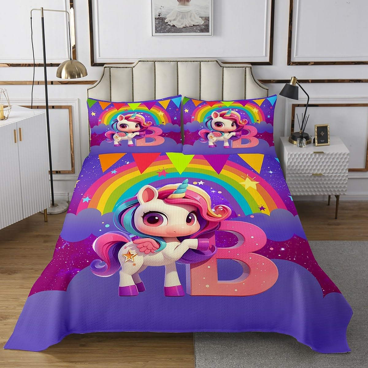 Erosebridal Cute Unicorn Bedspread Set Queen Size Personalized Initial K Letter Bedding Sets Cartoon Stars Rainbow Coverlet Set Fantasy Room Decor Monogrammed Bed with 2 Pillow Cases