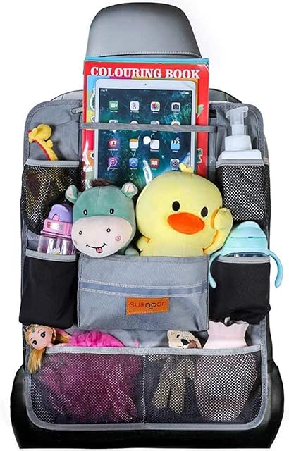 SURDOCA Car Organiser Car Seat Organiser - 4th Generation Enhanced Car Organiser Back Seat for up to 10.5 iPad, 9 Pockets, Kids Toy Storage, Water Proof Back Seat Protector for Kids,Grey,1pc