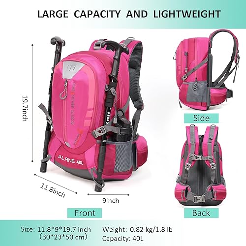 Miniatura 2 de Mochila de senderismo para acampar de 40 litros, mochila de viaje ligera con cubierta para lluvia para mujeres y hombres (rosa)
