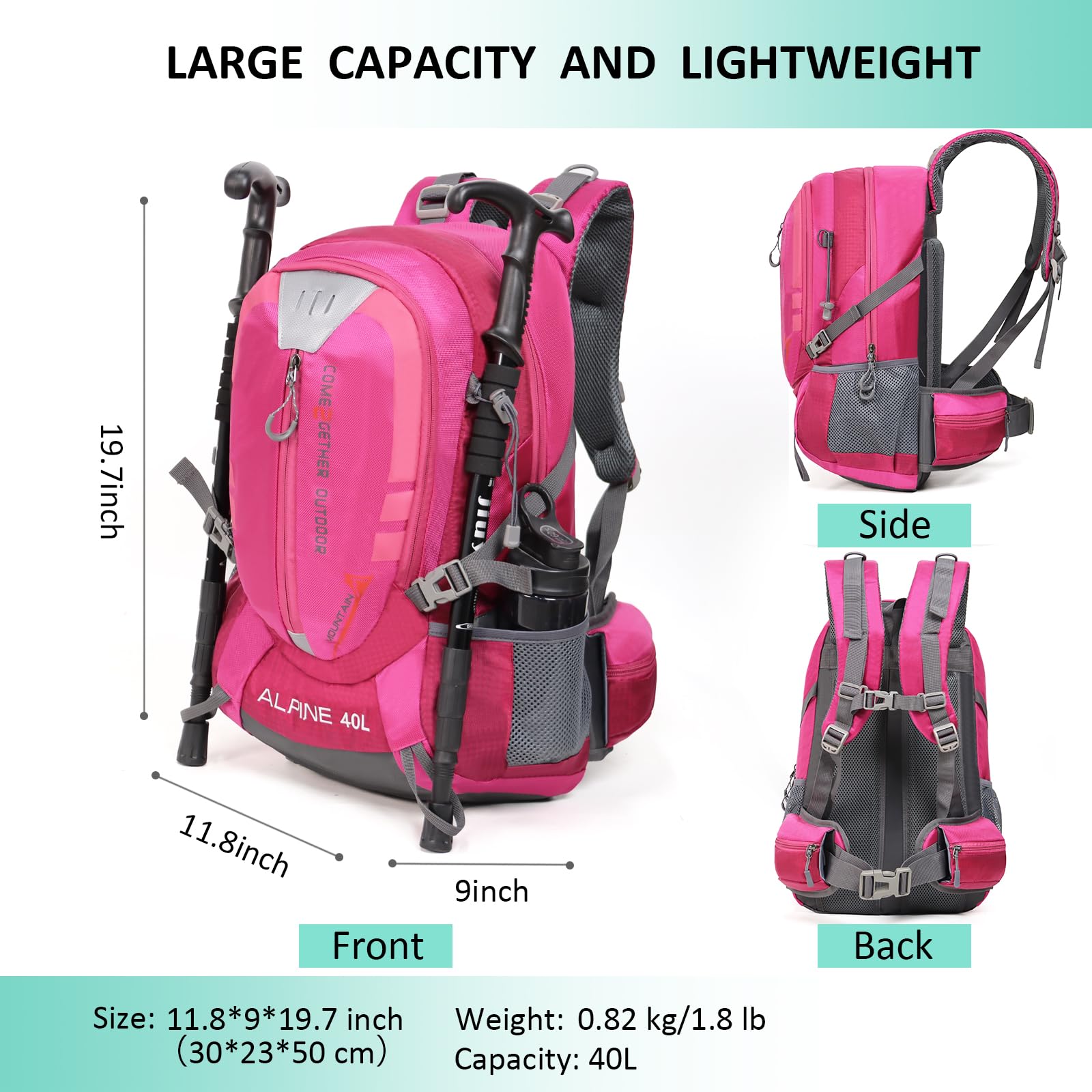 Mochila de senderismo para camping, 40 L, mochila de viaje ligera con cubierta de lluvia para mujeres y hombres