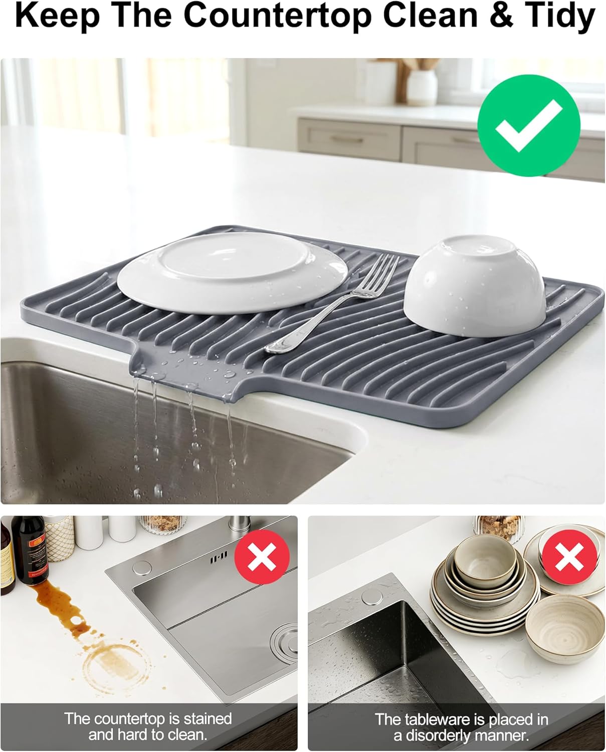 Silicone Drying Mat for Kitchen Counter, Non-Slip Drain Pad with Built-in Drain, Heat Resistant Dish Drying Pad, Multi-Use Stone Drying Mat, Dishwasher Safe & Hangable, Grey, 19.7" x 15"