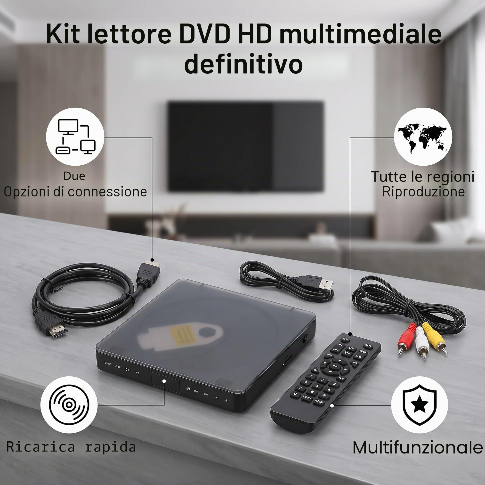 Ejoyous Lettori DVD Per TV, Full HD 1080P Lettore DVD Compatto Universale Connessione HDMI e AV Up Conversion, Per Smart TV Proiettore Display