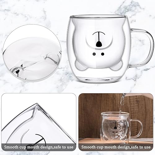 Miniatura 3 de Eccliy 8 tazas de oso lindas tazas de té de oso de 8.5 onzas de doble pared de vidrio con leche y miel, taza de café con asa, tazas de café de