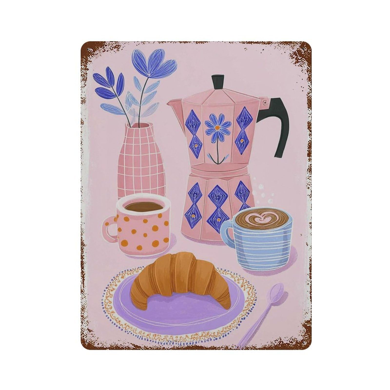 xiaoxiaoshen Coffee And Croissant Retro Kitchen Colorful Breakfast Mid Century Cafe Playful F Wall Decor Art Metal Tin Poster Modern Home Decor Art Home Bar Shop Decorations Vintage Sign 40x30cm