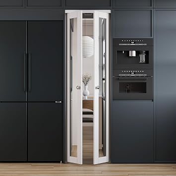 French Pivot Door for 24" x 80" Opening, Double One-Side Mirror Door Panels with Pivot Hardware, Swing Doors for Pantry/Laundry/Storage Room, White, Water&Scratch-Resistance Surface, Easy Install