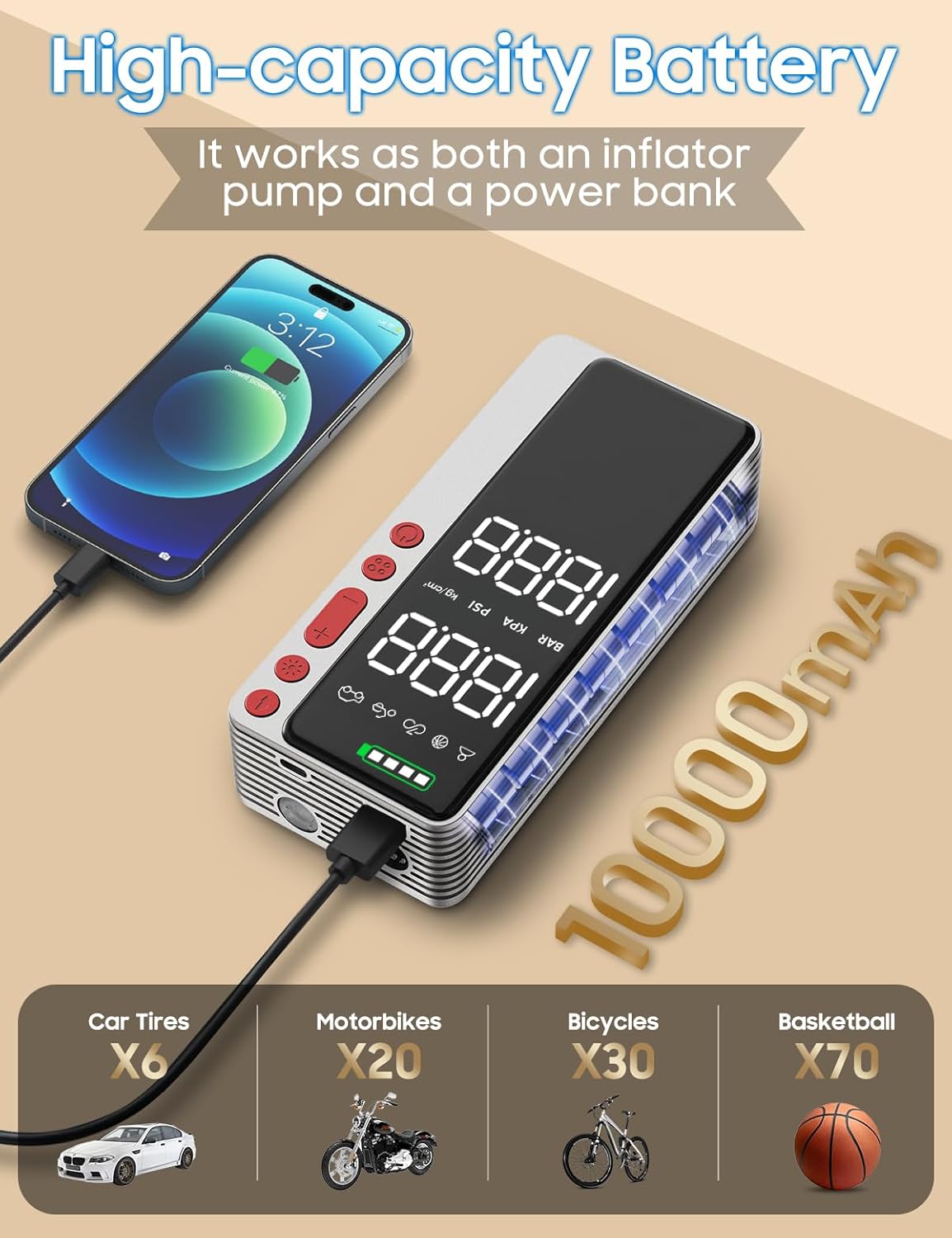 MATULSA Tire Inflator Portable Air Compressor, Silver Smart Air Pump for Car Tires, All-in-One Storage Bike Tire Pump with LED Light, 10000mAh&150PSI Pump for Motor, Bicycle and More, Auto Shut-Off