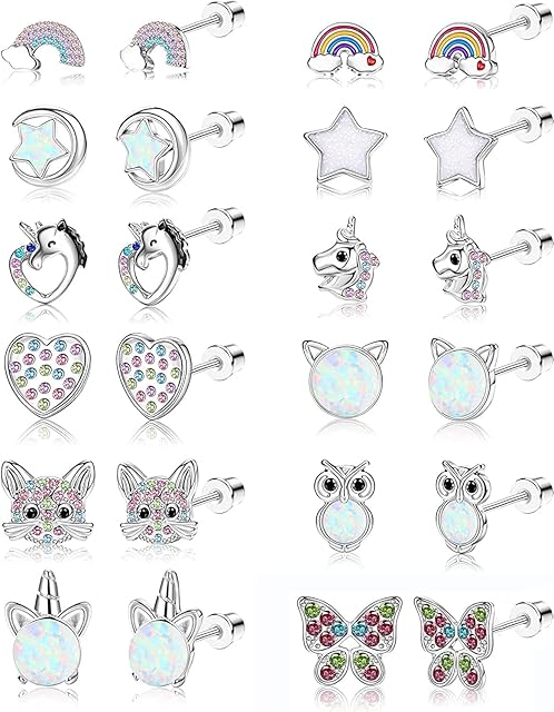 Adramata 12 Pairs Girls Earrings for Women Stainless Steel Earring Studs Set CZ Cat Star Butterfly Love Heart Rainbow Opal Kids Earrings Screw Back Earrings Shiny Gift