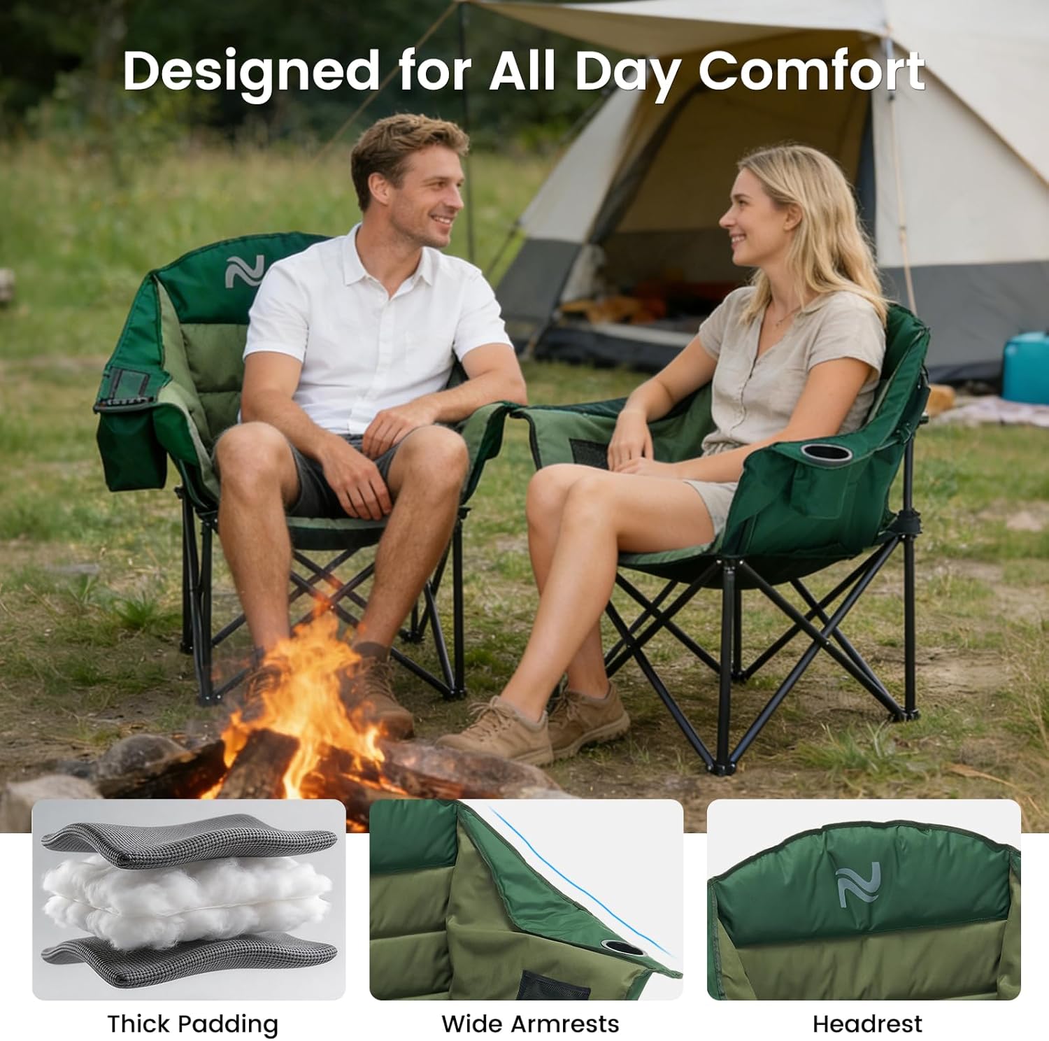 ABORON Oversized Camping Chair, Portable Folding Chair with Cooler Bag & Cup Holder, Heavy Duty Lawn Chair for Camping, Patio, Backyard, Supports 400 lbs