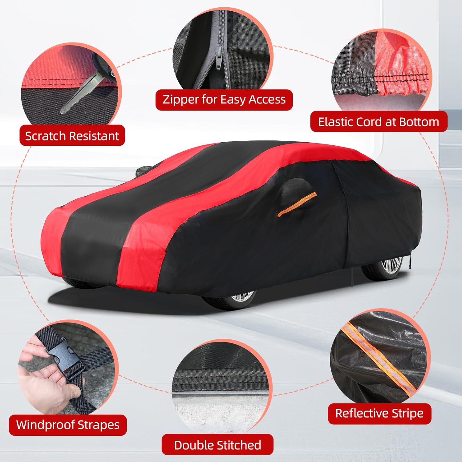 6-Layer Car Cover Waterproof All Weather for Automobiles,Outdoor Full Cover Rain Sun UV Protection with Zipper Cotton,Universal,Fit Sedan-Length (up to 185")