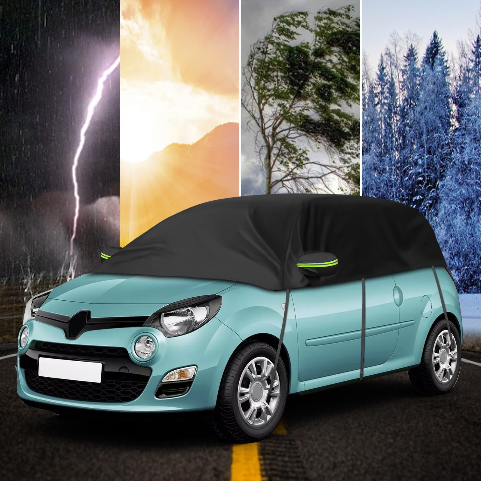 Demi-Couverture de Toit Compatible avec Renault Twingo 1993-2024 | Noir Demi Bache Voiture Exterieur avec Rrochets Ajustables et Oreillettes à Bandes Réfléchissantes