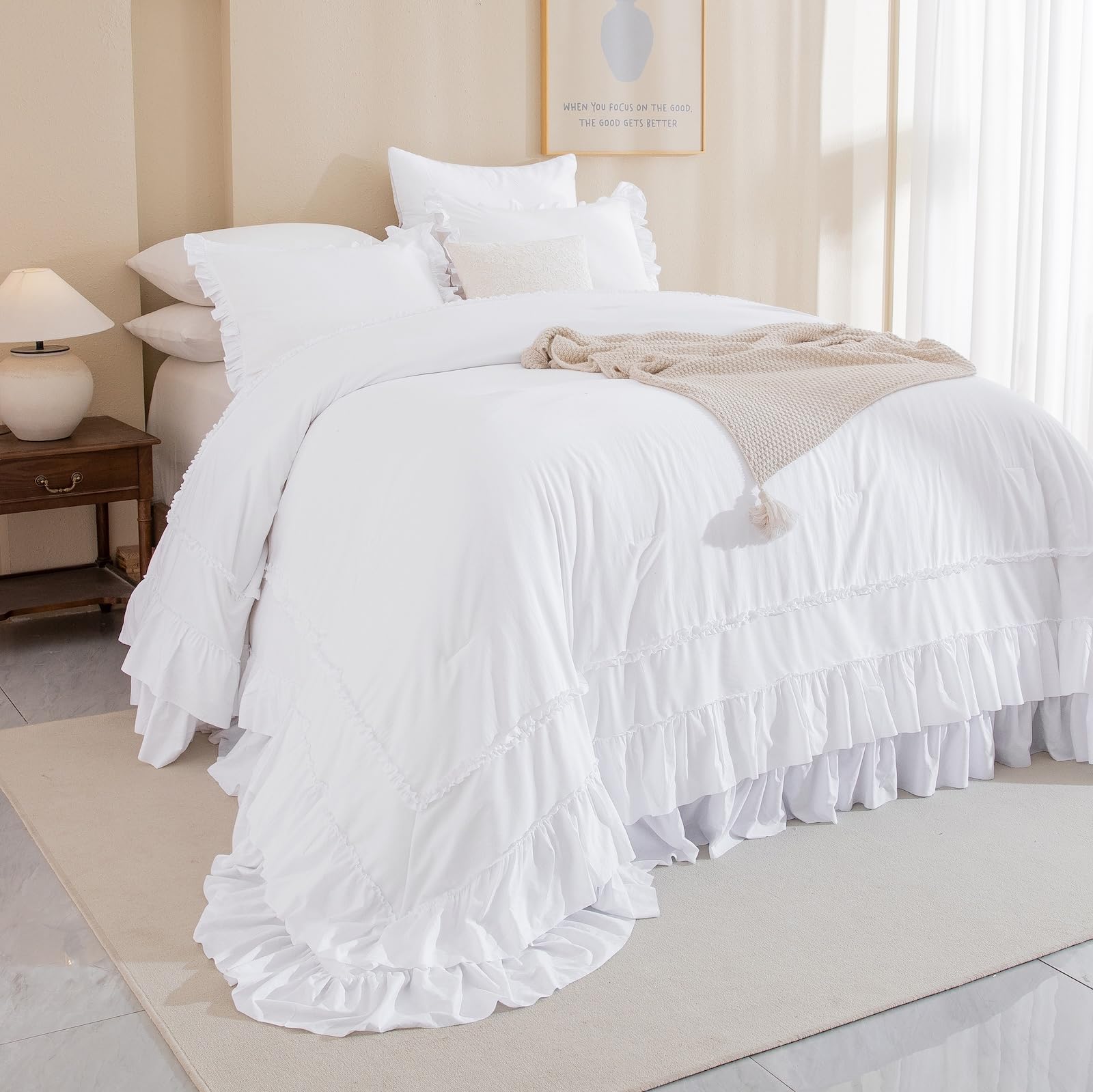 QSH 3PCs Bright White Ruffled Oversized King Comforter 120x120,Shabby Boho Chic Farmhouse Ruffle Bed Comforter Set California King Comforter Ultra Soft Microfiber Lightweight Fluffy Bedding