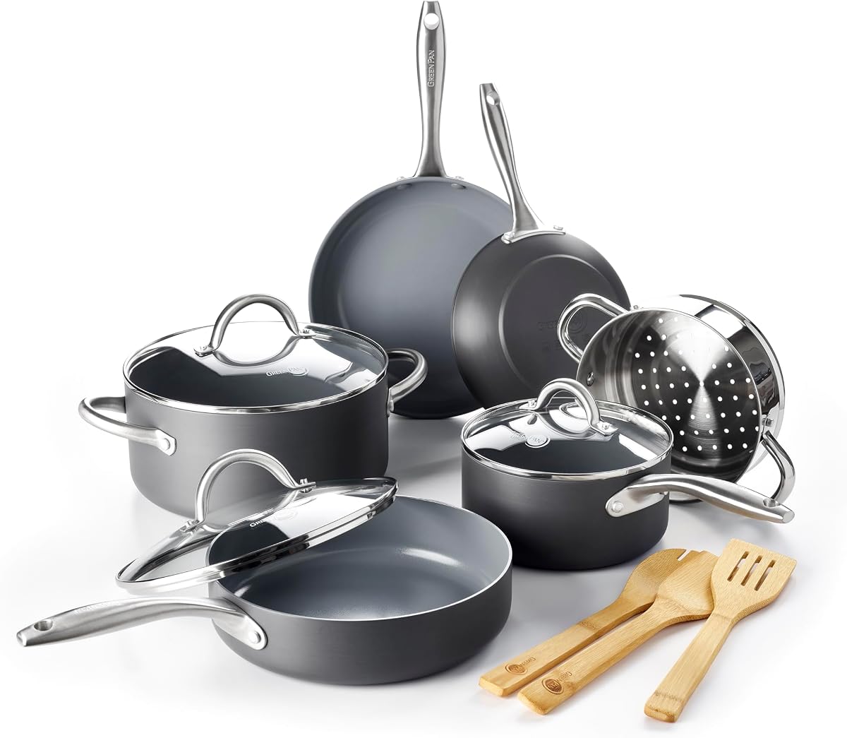 Lima Hard Anodized Healthy Ceramic Nonstick 12 Piece Cookware Pots and Pans Set, PFAS-Free, Oven Safe, Gray