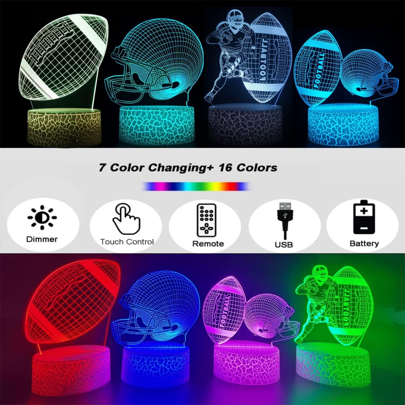 3D Night Light - Football 4 Patterns Hologram Lamp, Dimmable Remote/Smart Touch, 16 Color Changing LED, Room Decor Bedside Desk Lamp, Gift for Football Fans