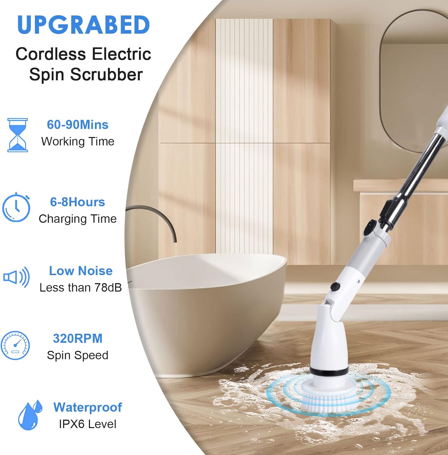 Electric Spin Scrubber Cordless Power Scrubber Cleaning Brush with Adjustable Detachable Long Handle & 4 Replaceable Brush Heads Household Cleaning Supplies for Bathroom Shower Floor