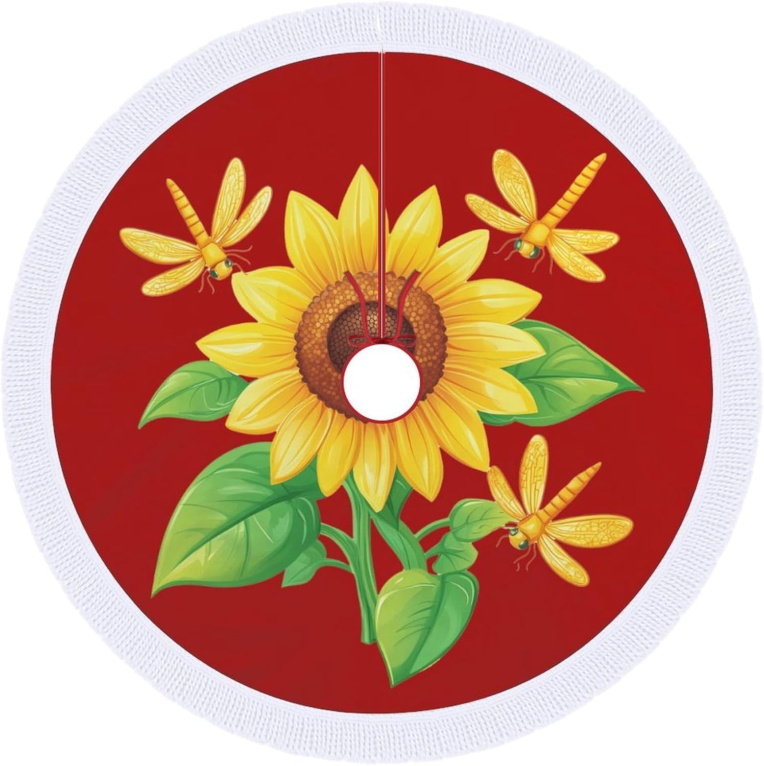 Dragonfly Sunflower Christmas Tree Skirt Round Xmas Tree Mat Ornaments Tree Skirts with Tassels for Holiday Party