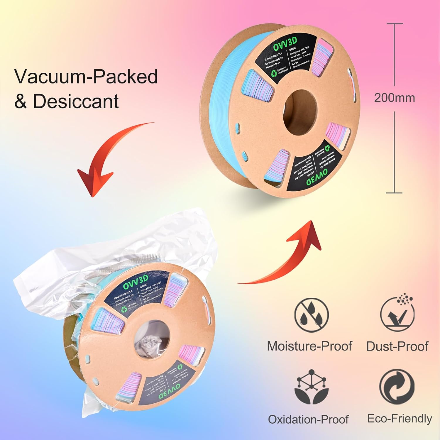 OVV3D PLA Filament 1.75mm, Matte PLA Tri-Color Rainbow PLA Filament 3D Printer Filament, Macaron 3D Printing Filament Pink Yellow Blue