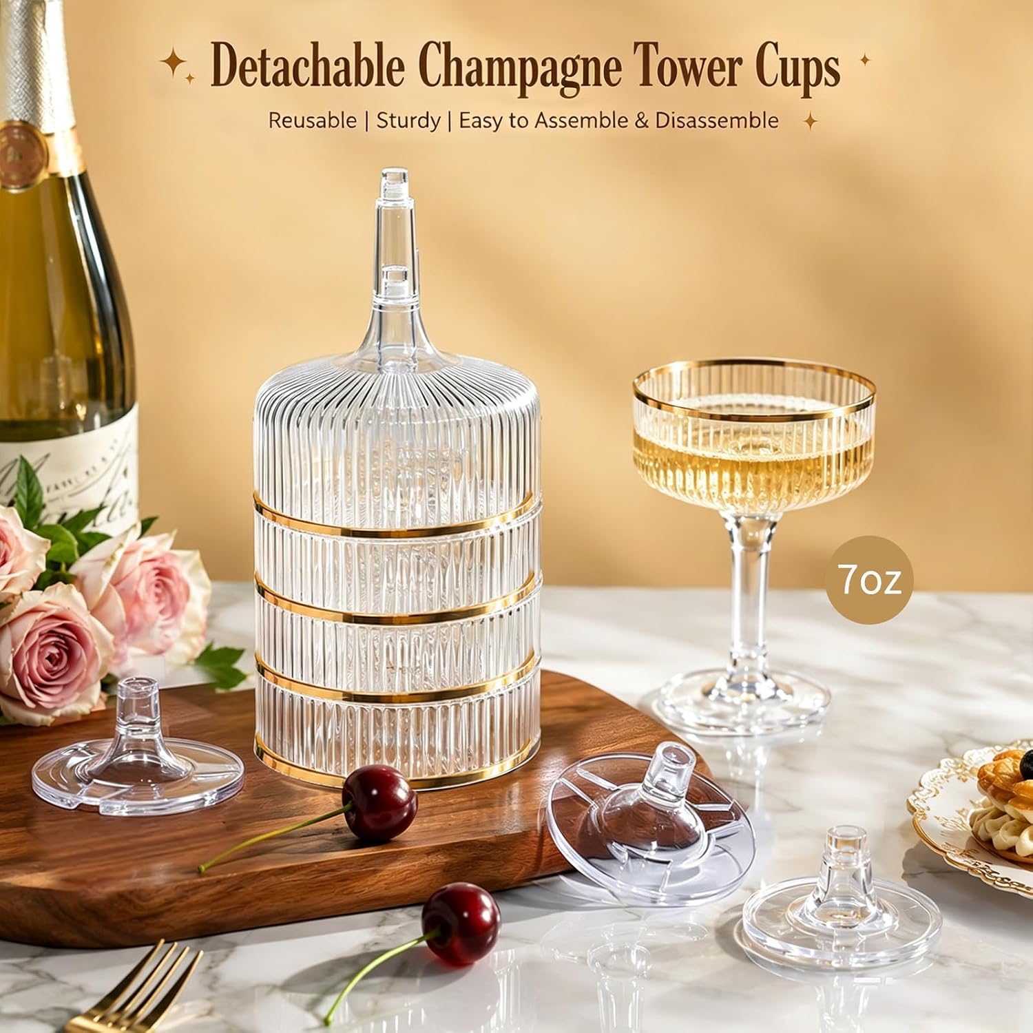 AOKZOE 20 Pack 7oz Gold Rim Plastic Champagne Glasses – Unbreakable Martini Glasses, Detachable & Stackable for Tower, Reusable Disposable for Wedding Birthday Party (20)