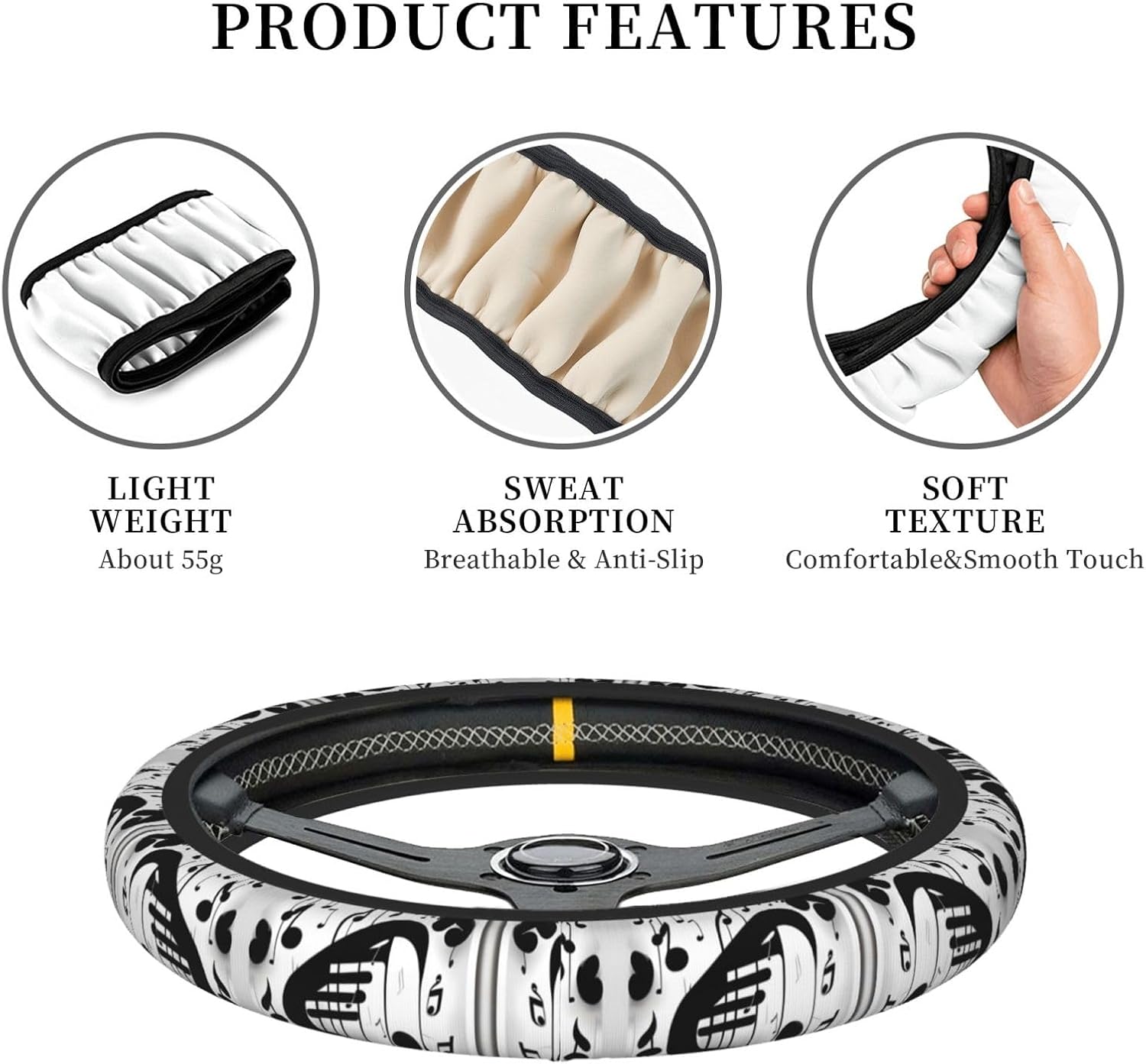 Car Elastic Steering Wheel Cover Universal 15 Inch Vehicle Stretch Steering Wheel Cover Protector Black and White Music Note Auto Protective Cover Novelty Car Interior Accessories for Men Women image 3