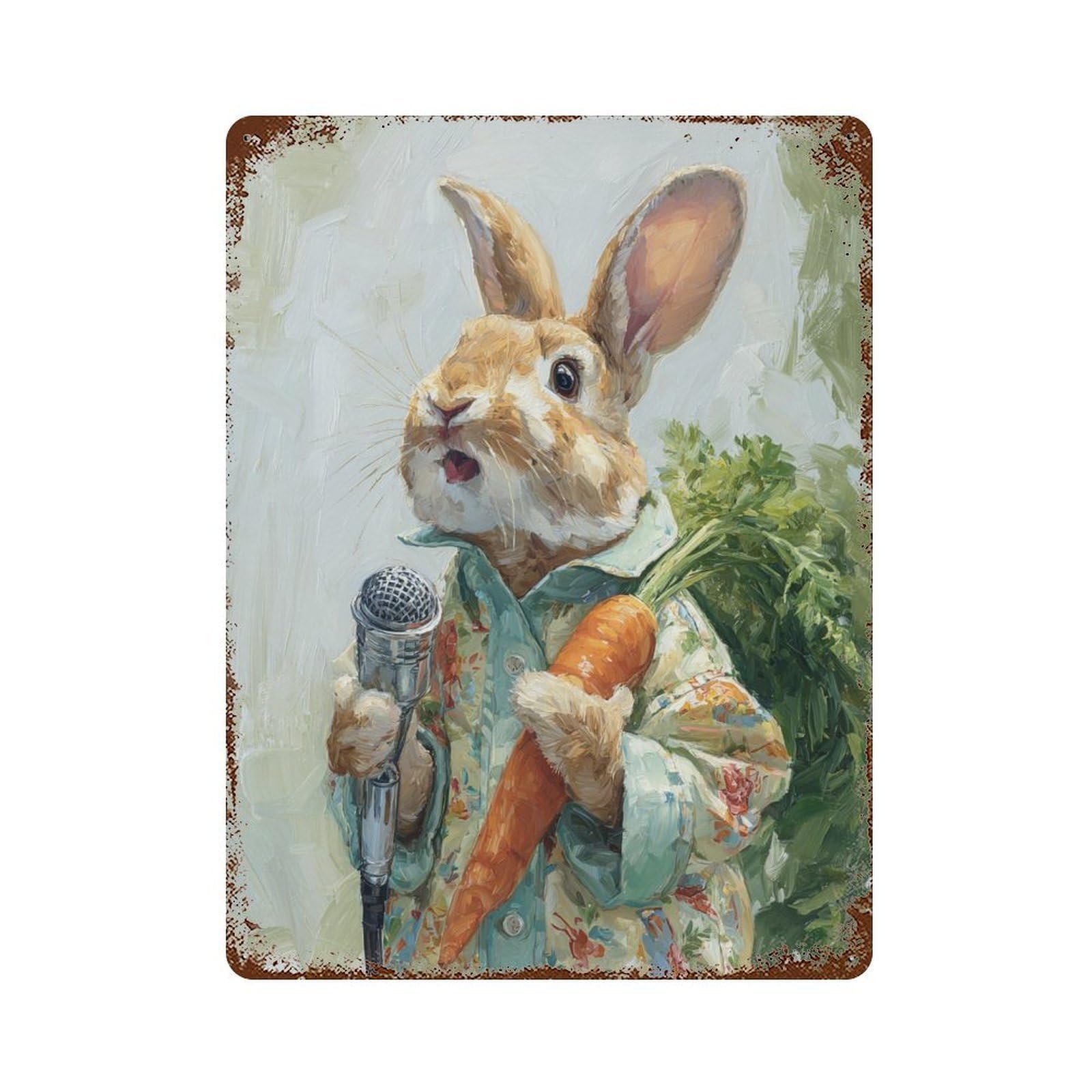 Rabbit Singer with Microphone 15.7"x11.8" Aged Metal Wall Plaque, Vintage Wall Decor for Bistro, Counter And Cafe Decor