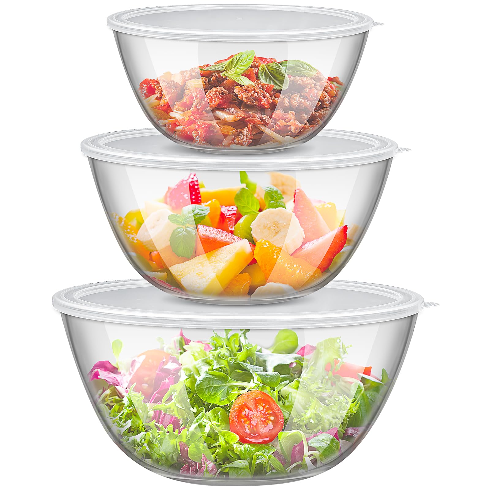 3er Set Glas Rührschüssel mit Deckel, Große Rund Salatschüsseln(4,5 L, 2,7 L, 1,1 L) aus Borosilikatglas, Stapelbare Schüsseln mit Deckel für Kochen, Backen, Vorbereiten, Mikrowellengeeignet