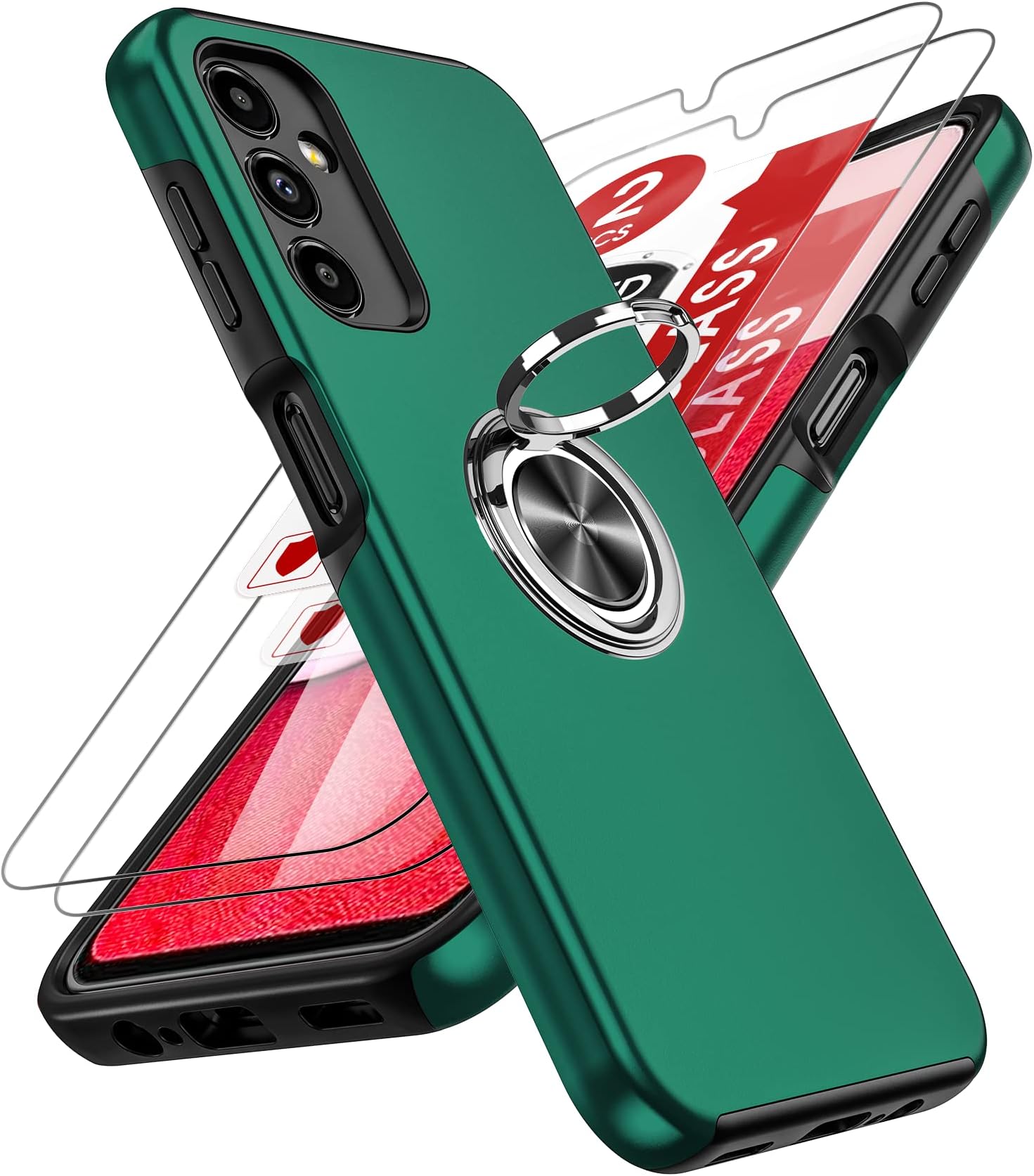 LeYi for Samsung Galaxy A14 4G-5G Case: with 2 Tempered Glass Screen Protector,Heavy Duty Protection Shockproof Cover with Built-in Ring Holder Lightweight Silicone Phone Case for Galaxy A14 Green