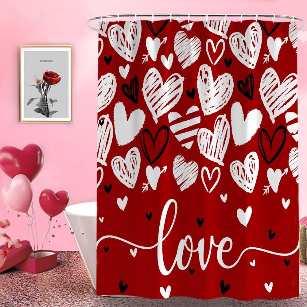 Valentine Heart Theme Shower Curtain, Red Love Black White Shower Curtain Set with Hooks, Spring Summer Waterproof Fabric Shower Curtains for Bathroom Decor, 60x72 Inch Bath Curtain