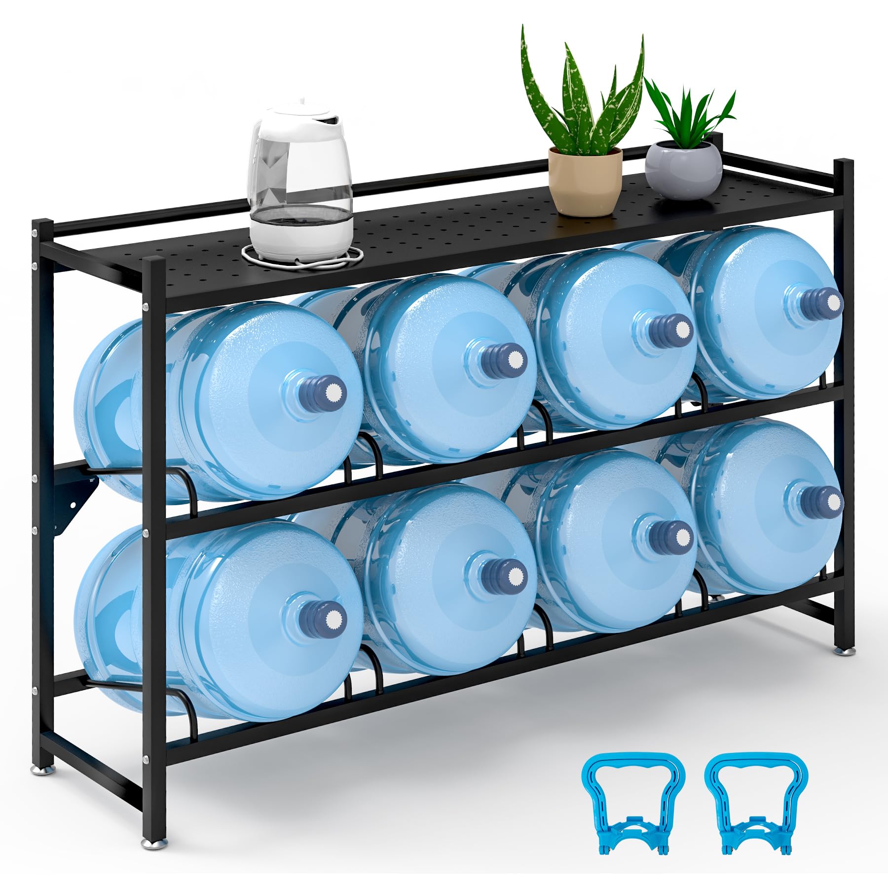Eastrexon 5 Gallon Water Jug Holder Heavy Duty，3-Tier Water Jug Rack w/Top Shelf, Wall Mount Water Bottle Holder for 8 Bottles, Powder Coated Water