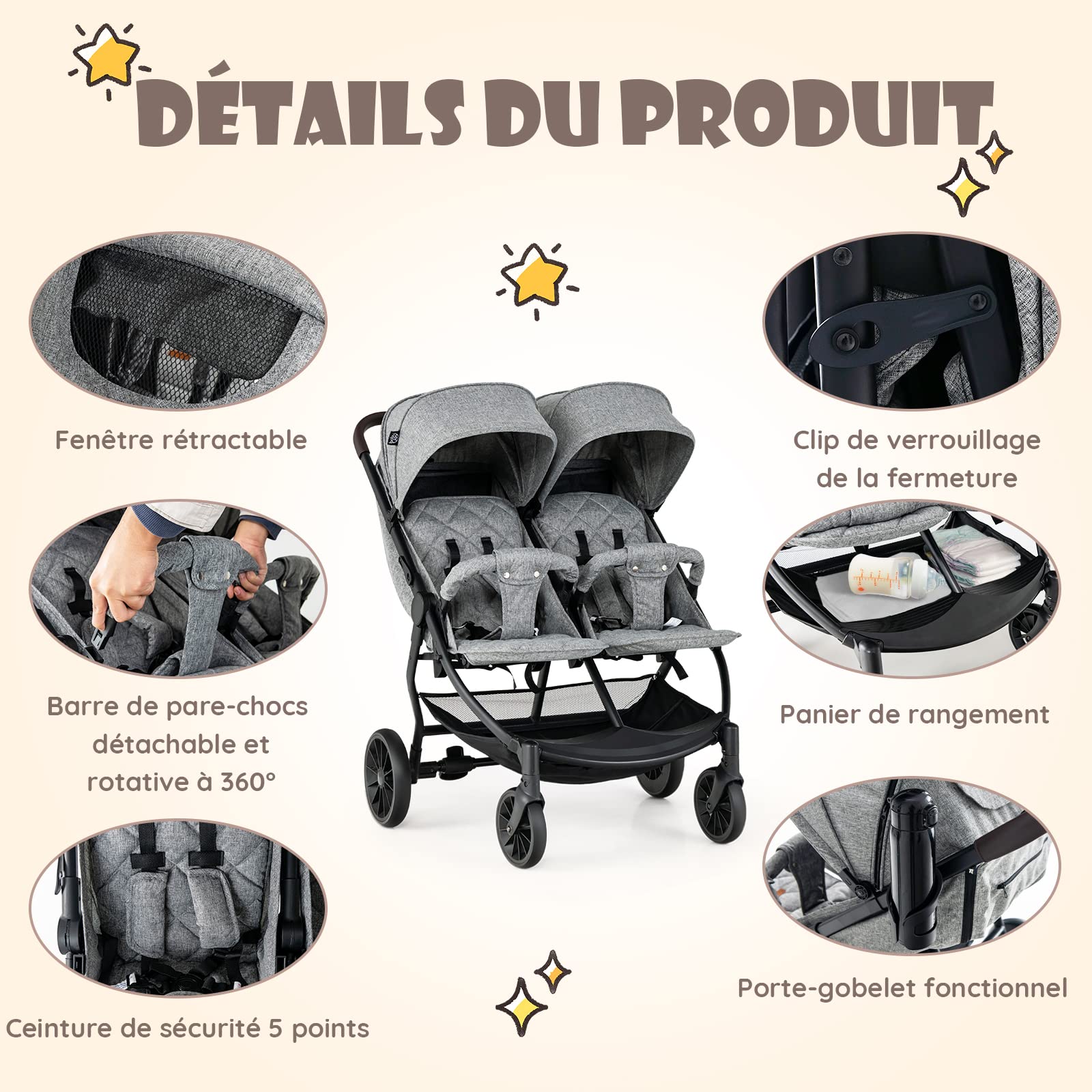 COSTWAY Poussette Canne Double avec Porte-Gobelet, Poussette Côte à Côte avec Dossier & Auvent Réglable, Pliable d'une Main, Ceinture de Sécurité, Charge 15KG pour Bébé 0 à 3 Ans