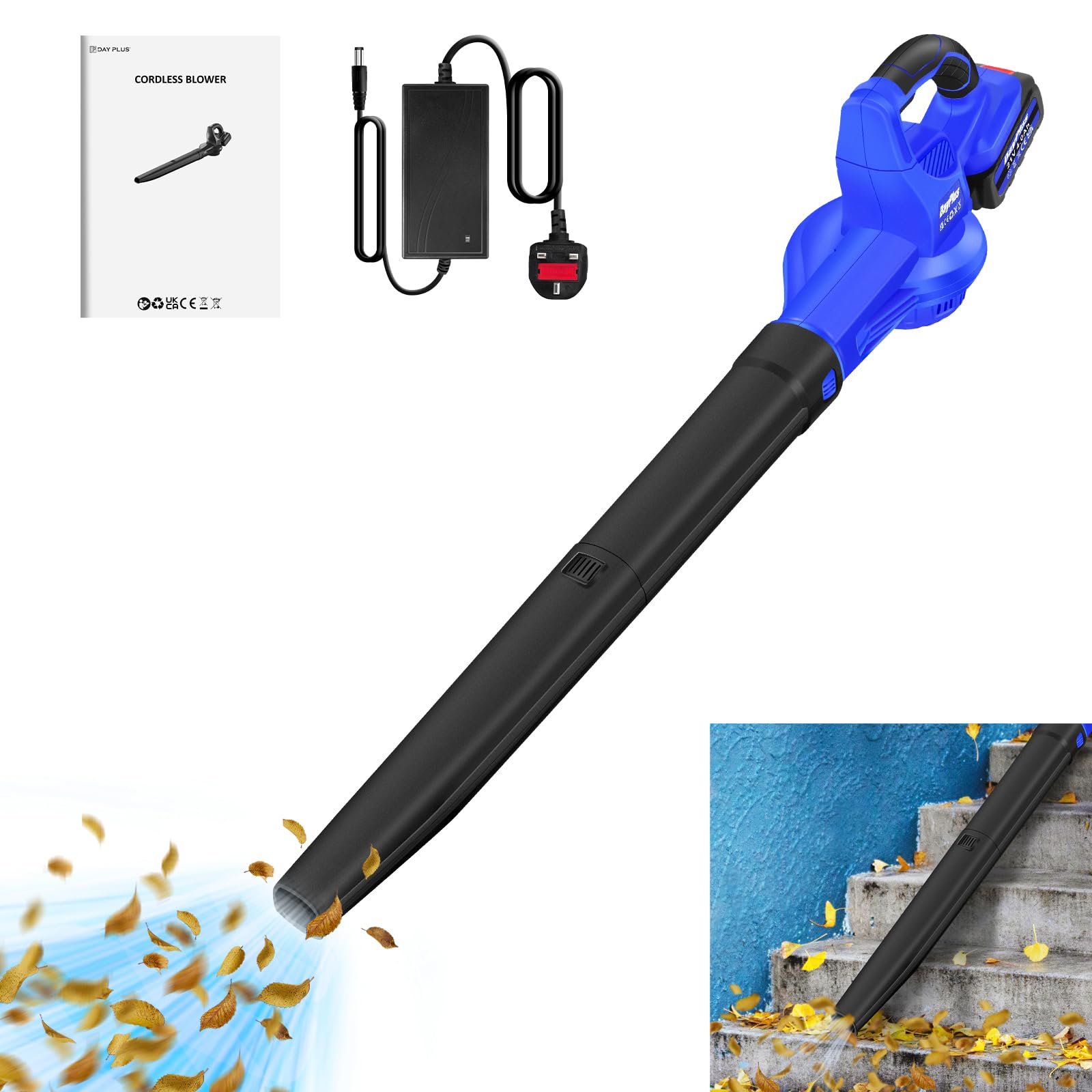 Soffiatore Elettrico con Batteria e Caricatore, Aspiratore e Soffiatore di Foglie a Batteria Velocità Aria 180 km/h, per Foglie Giardino, Trucioli Legno, Pulizia Della Polvere Negli Angoli