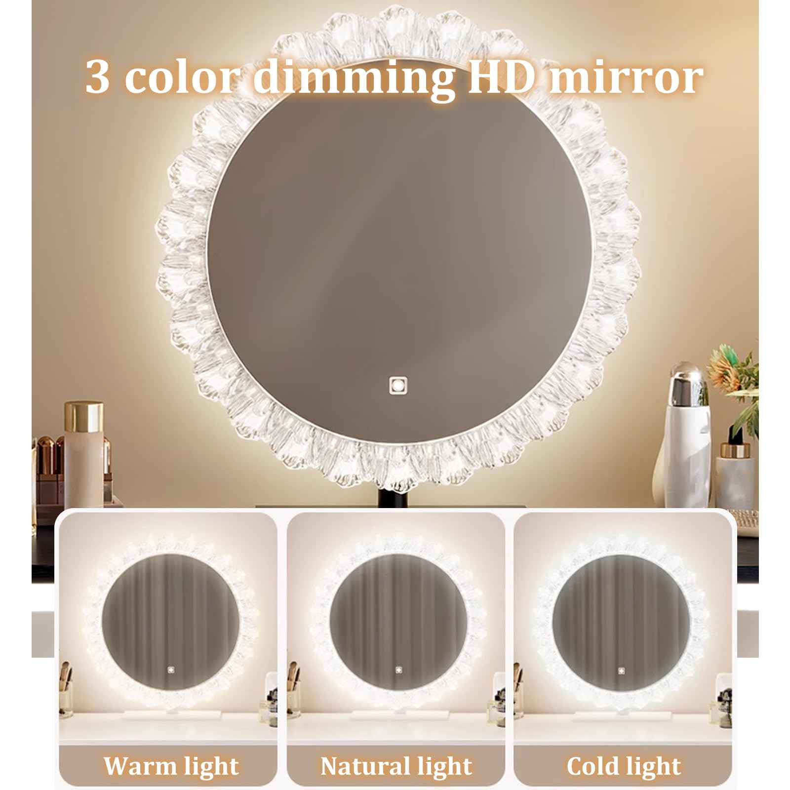 Moderno set da trucco illuminato con sgabello e armadiettoElegante tavolo da trucco in 3 colori per camera da letto, design compatto (80 cm) perfetto per gli amanti della bellezza e piccoli spazi